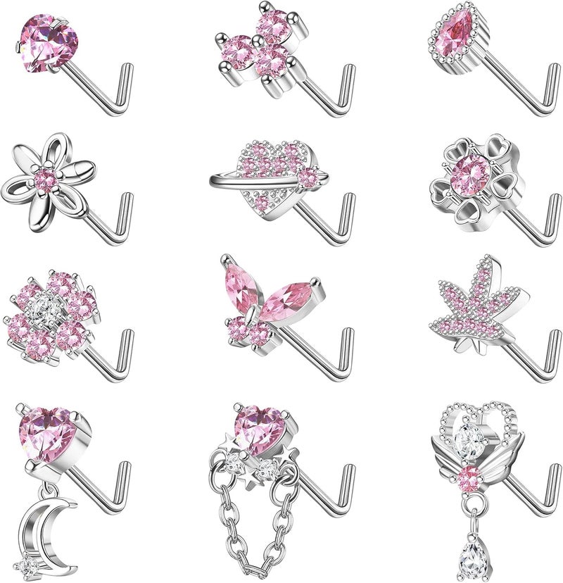 Sanfenly 12 PCS 20G Nose Rings Surgical Stainless Steel, L Shaped Nose Studs for Women Men, CZ Heart Butterfly Flower Leaf Moon Dangle Cute Nose Piercings Studs Screw Jewelry Pink/Purple/Blue/Clear - Image 1